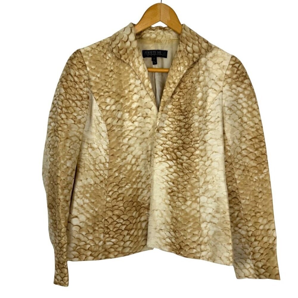 Lafayette 148 Gold Silk Linen Snakeskin Career Blazer Size 2P Neutral Yellow